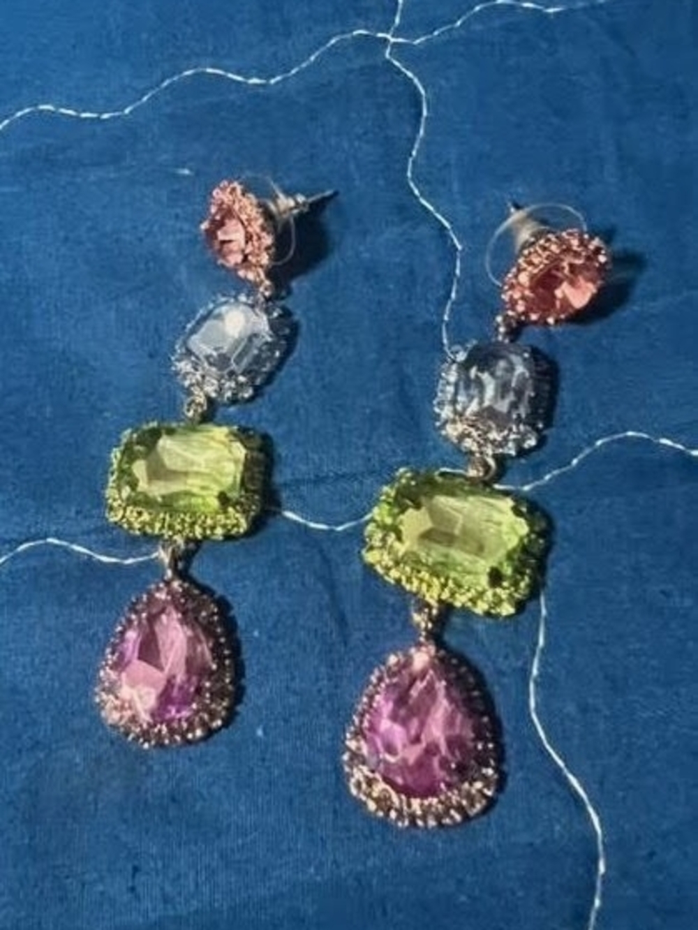Multi-Color Crystal Drop Earrings — Pink, Green & Blue